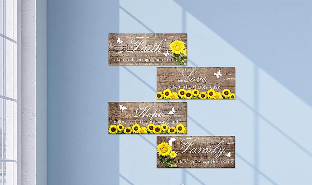 4 Pieces Sunflowers Front Porch Door Plaque Sunflower Welcome Wooden Sign Faith Love Hope Family Decor Farmhouse Sunflower Front Porch Hanging Decoration for Home Living Room