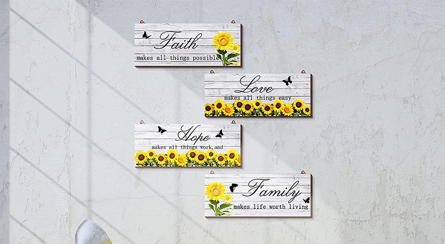 4 Pieces Sunflowers Front Porch Door Plaque Sunflower Welcome Wooden Sign Faith Love Hope Family Wood Sign Farmhouse Sunflower Front Porch Hanging Decoration for Home Living Room