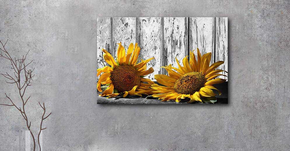 Canvas Wall Art Sunflower Dilapidated Planks Yellow Flowers Pictures Black and White Painting Framed Artwork for Bedroom