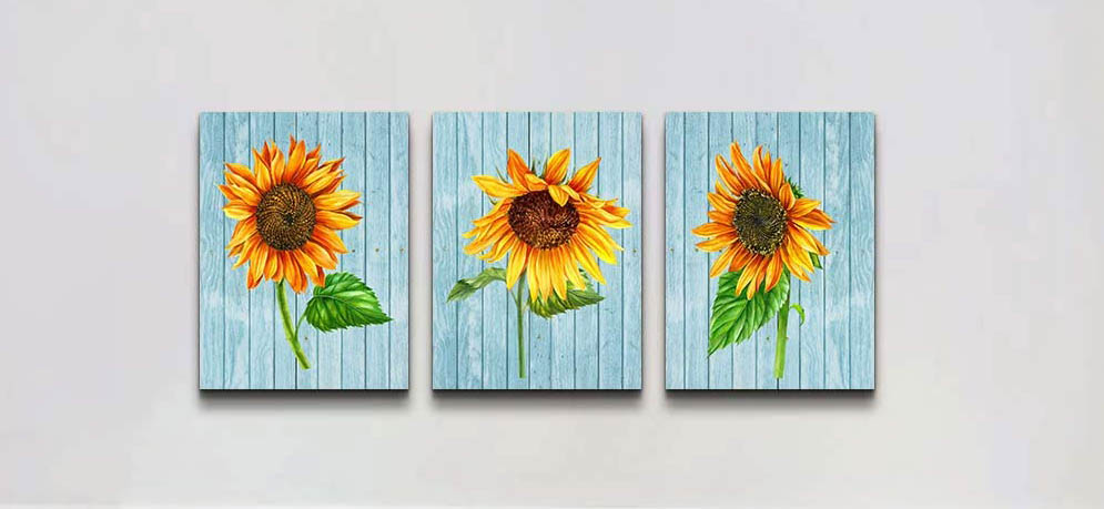 Canvas Wall Art for Bedroom kitchen Bathroom Wall Decor Blue wood grain Green leaves and Yellow sunflower painting Artwork wall decorations for Living Room