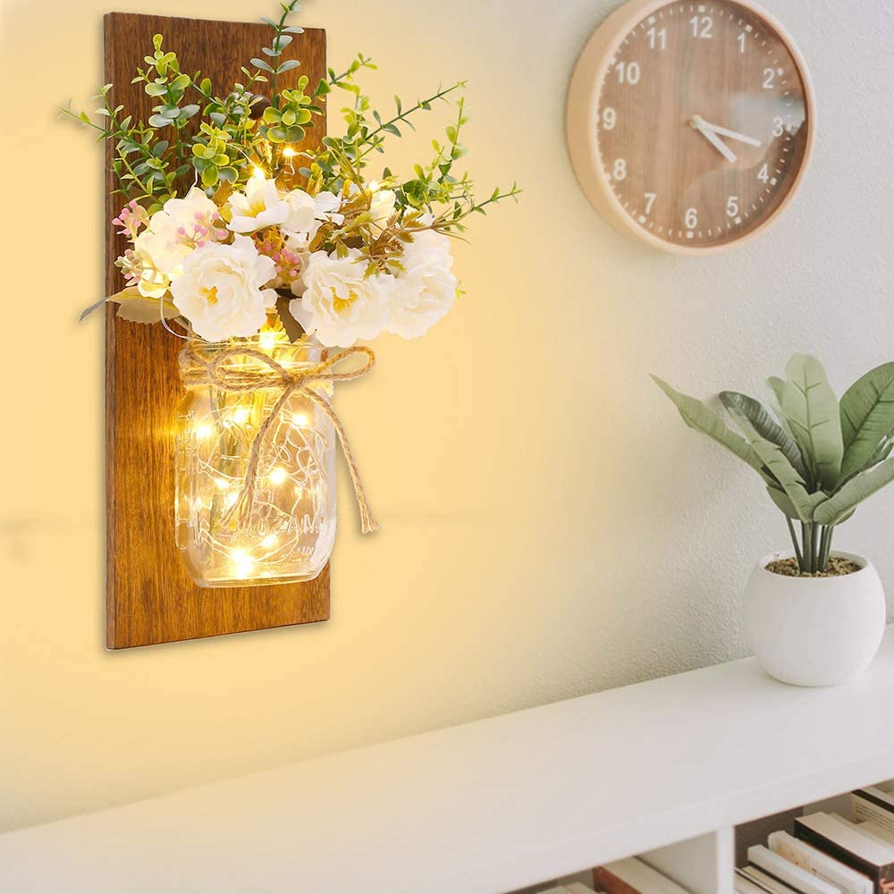 Rustic Wall Mason Jar Sconces with LED Fairy Lights and White Peony