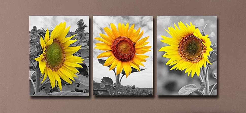 Sunflower Decor Canvas Wall Art - Grey Yellow White Black Blossom Flower Pictures Painting Modern Bathroom Kitchen Living Room Wall Decorations Farmhouse