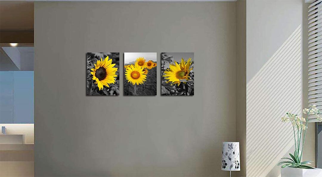 Sunflower Decor Wall Art Prints - Black and White Yellow Canvas Painting Flower Daisy Floral Pictures 3 Panels Unframed Bedroom Living Room Bathroom Kitchen Decoration Home Office Modern Artwork